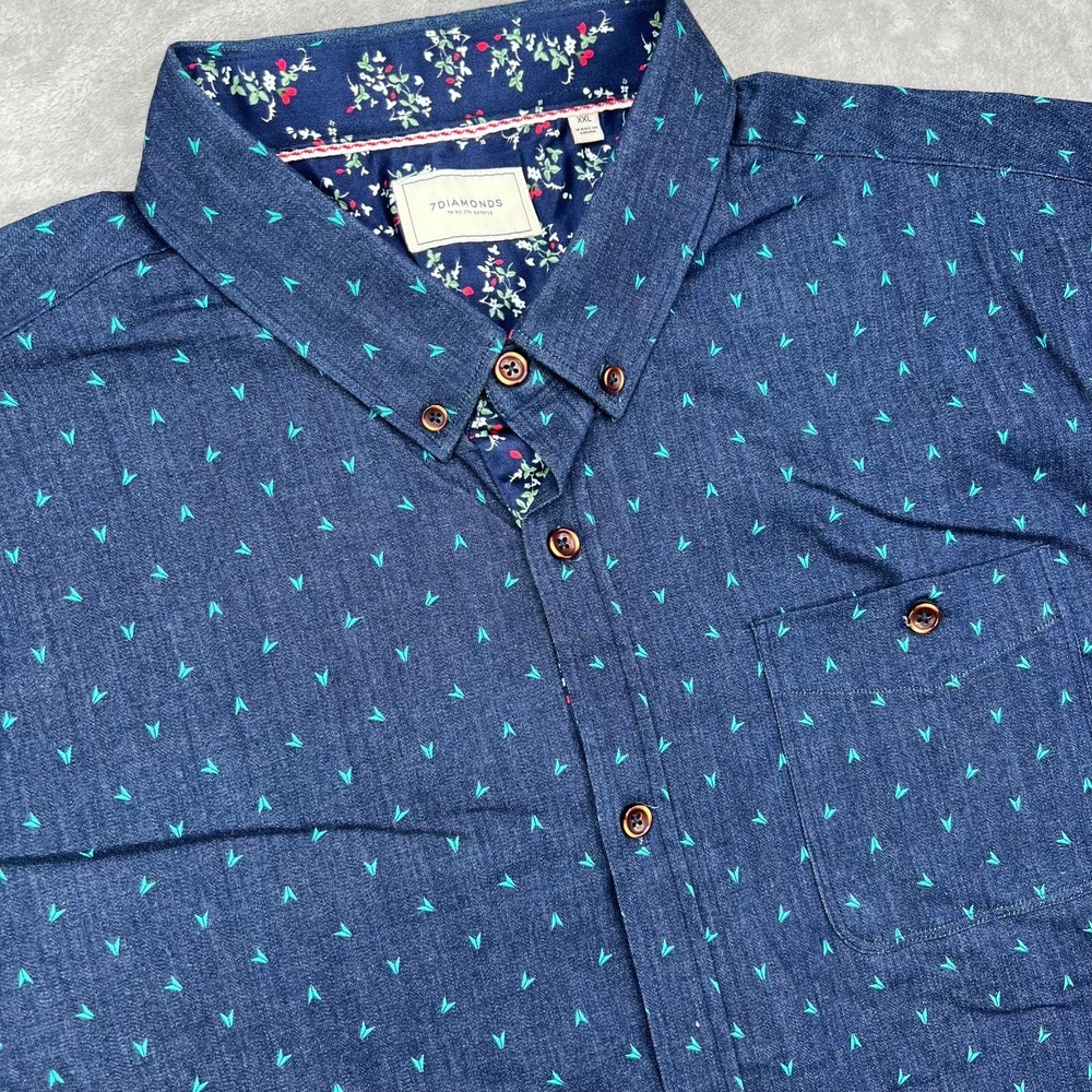7 Diamonds Shirt Mens 2XL Blue Stay Human Geometric Tribal Print AOP Button Up